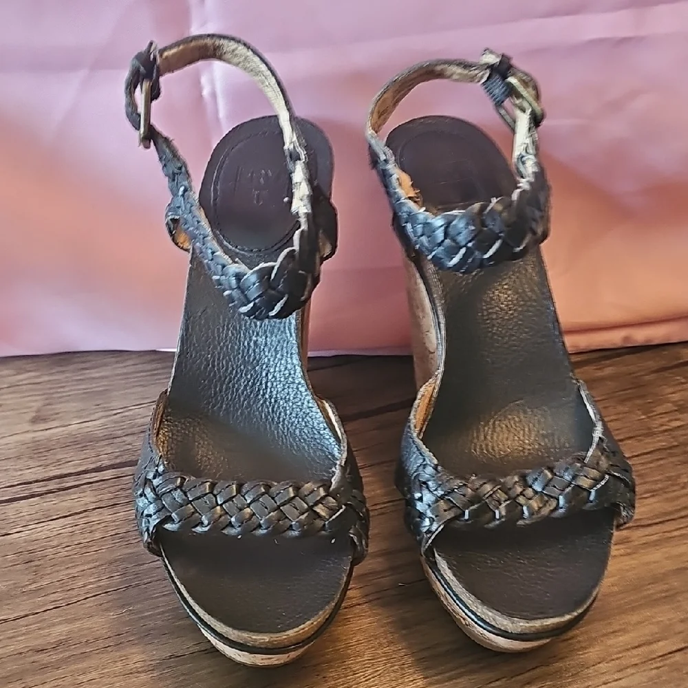 Frye Black Braided Leather Wedge Sandals